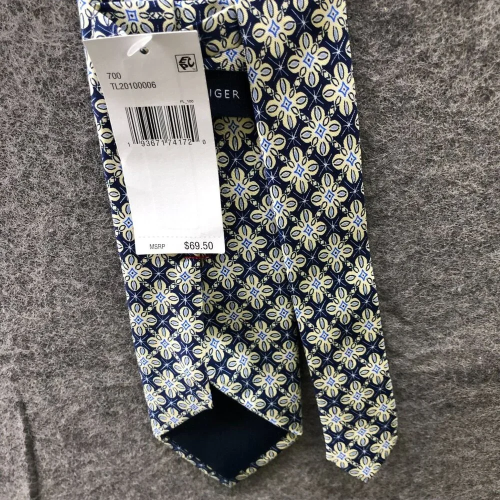 NWT‎ Tommy Hilfiger Silk Tie Mens Blue Beige Geometric Floral Print MSRP $69